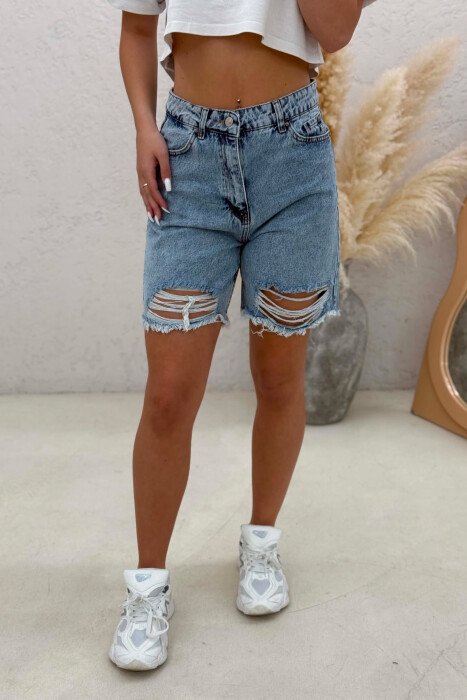 RIPPED KNEE HIGH WAIST DENIM WOMAN SHORTS LIGHTBLUE/BZ - 2