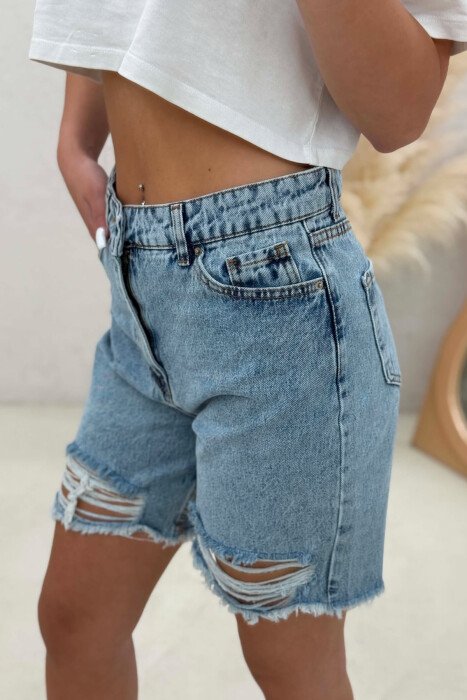 RIPPED KNEE HIGH WAIST DENIM WOMAN SHORTS LIGHTBLUE/BZ - 3