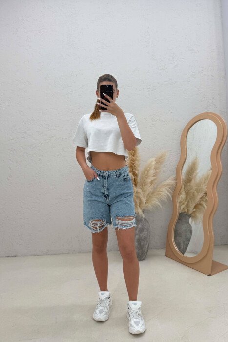 RIPPED KNEE HIGH WAIST DENIM WOMAN SHORTS LIGHTBLUE/BZ - 4