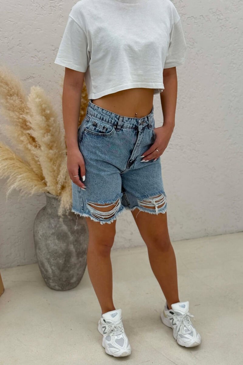 RIPPED KNEE HIGH WAIST DENIM WOMAN SHORTS LIGHTBLUE/BZ - 7