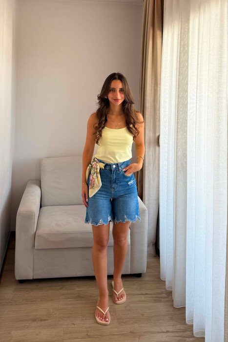 RIPPED ONE COLOR DENIM WOMAN SHORTS BLUE/BLU - KLAUDIO FASHION
