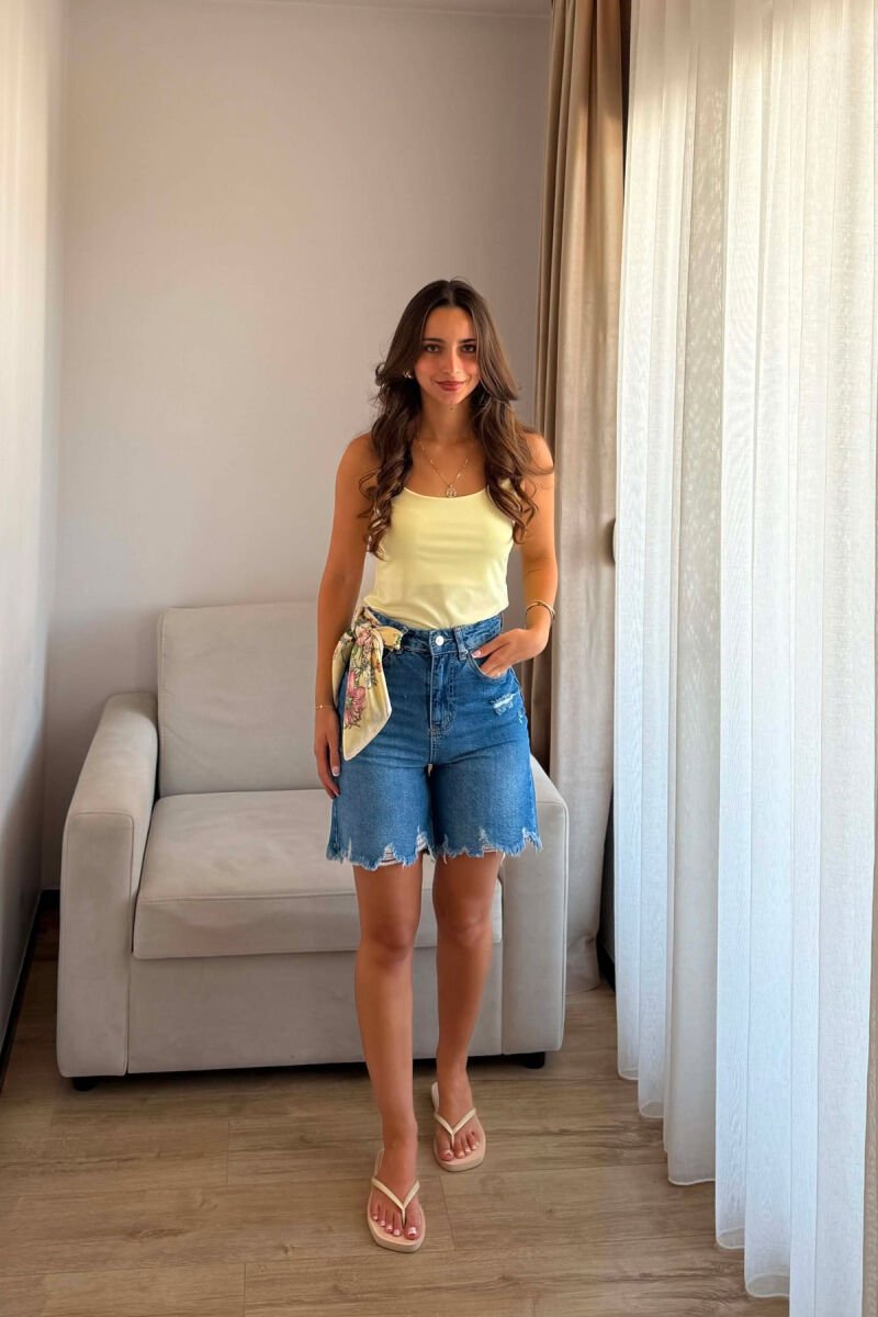 RIPPED ONE COLOR DENIM WOMAN SHORTS BLUE/BLU - 1
