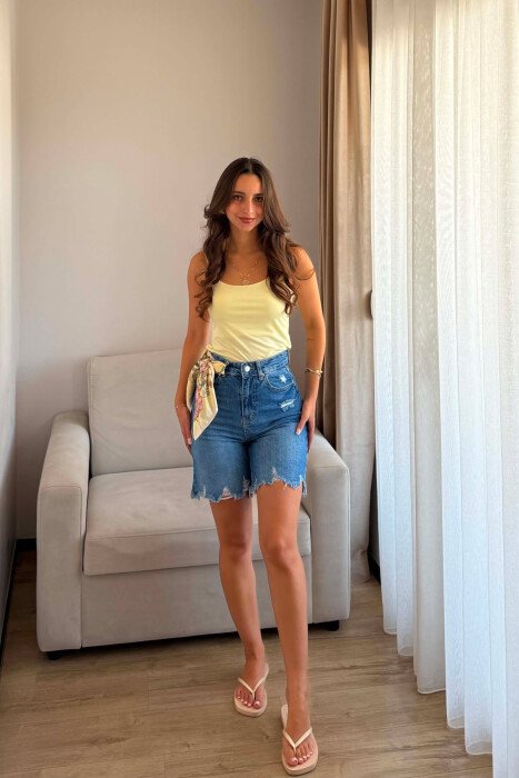 RIPPED ONE COLOR DENIM WOMAN SHORTS BLUE/BLU - 3