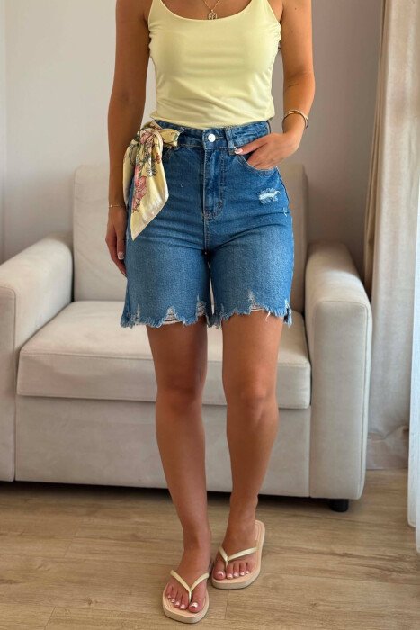 RIPPED ONE COLOR DENIM WOMAN SHORTS BLUE/BLU - 4