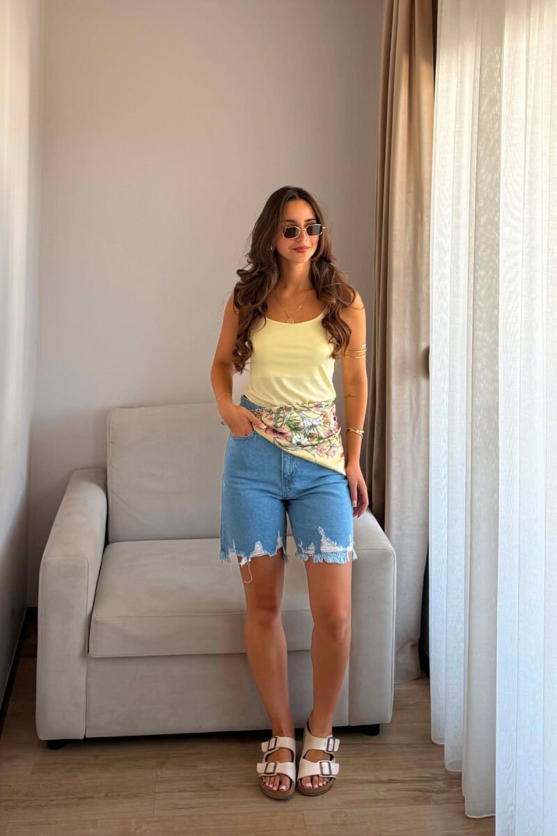 RIPPED ONE COLOR DENIM WOMAN SHORTS LIGHTBLUE/BZ - 1