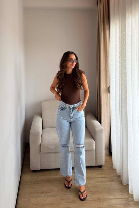 RIPPED ONE COLOR WOMAN JEANS LIGHTBLUE/BZ - KLAUDIO FASHION