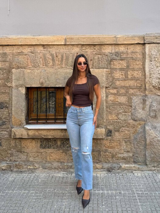 RIPPED ONE COLOR WOMAN JEANS LIGHTBLUE/BZ - KLAUDIO FASHION
