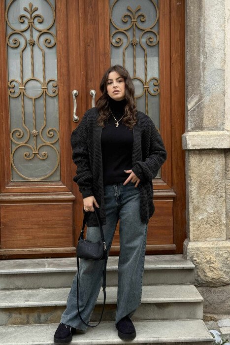 RIPPED ONE COLOR WOMEN CARDIGAN DARK GREY/GEE - KLAUDIO FASHION