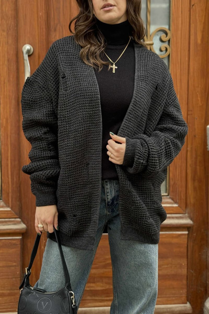 RIPPED ONE COLOR WOMEN CARDIGAN DARK GREY/GEE - 4