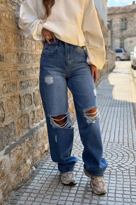 RIPPED WIDE LEG WOMAN JEANS BLUE/BLU - 3