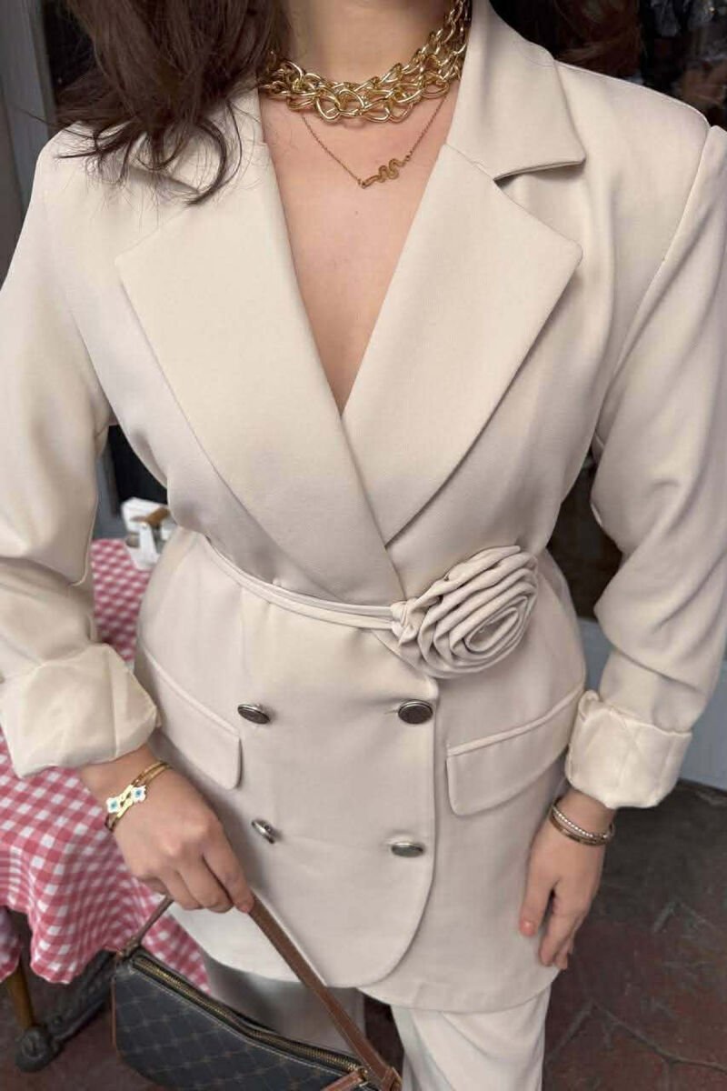 ROSE DETAIL CLASSIC JACKET + TROUSERS WOMAN SET BEIGE/BEZHE - 2