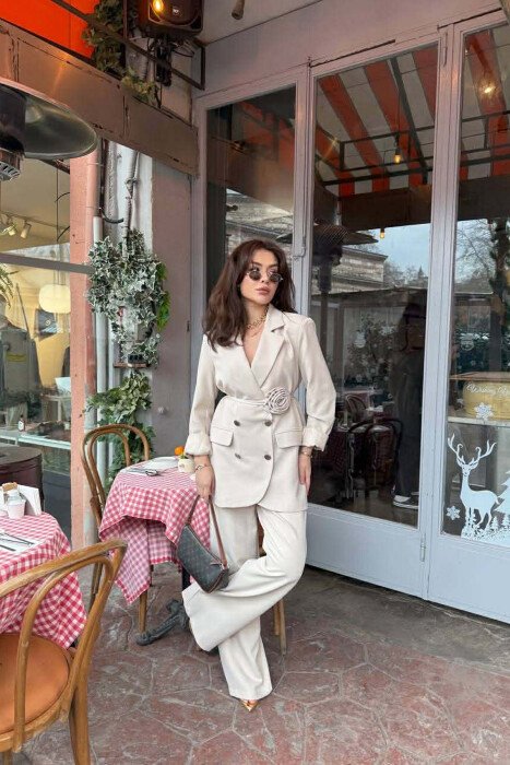 ROSE DETAIL CLASSIC JACKET + TROUSERS WOMAN SET BEIGE/BEZHE - 3