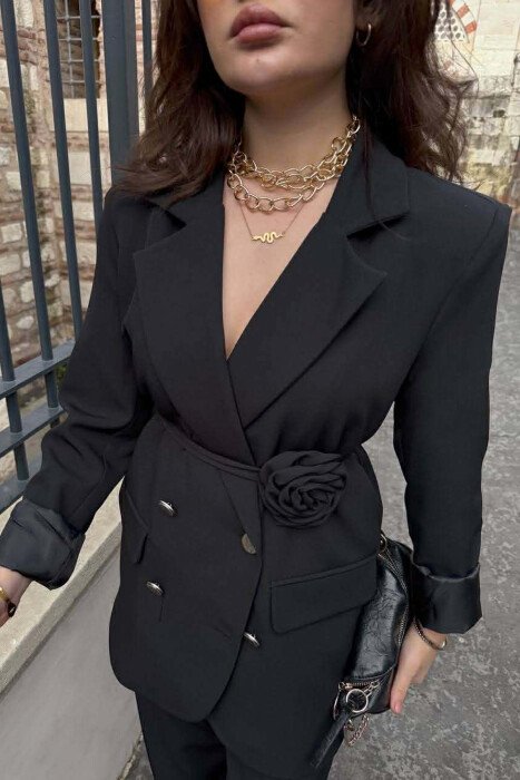 ROSE DETAIL CLASSIC JACKET + TROUSERS WOMAN SET BLACK/ E ZEZE - 3