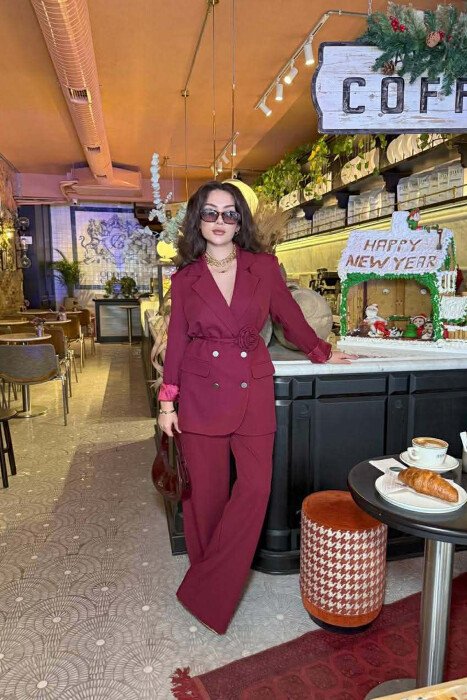 ROSE DETAIL CLASSIC JACKET + TROUSERS WOMAN SET BURGUNDY/VISHNJE - 4