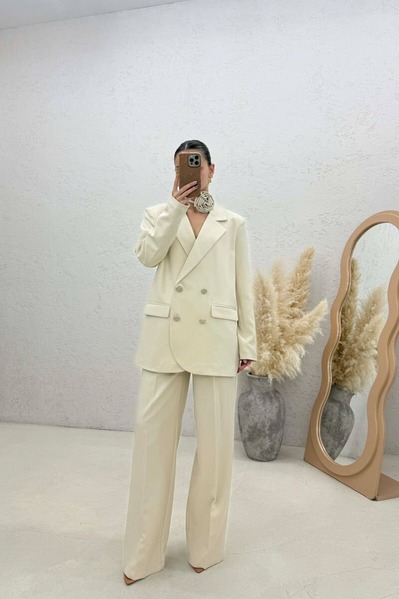 ROSE DETAIL CLASSIC JACKET + TROUSERS WOMAN SET CREAM/KREM - 1