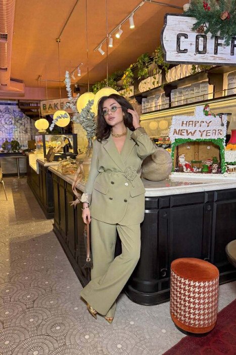 ROSE DETAIL CLASSIC JACKET + TROUSERS WOMAN SET MINT/MENTE - KLAUDIO FASHION