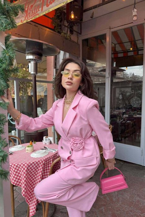 ROSE DETAIL CLASSIC JACKET + TROUSERS WOMAN SET PINK/ROZE - 4