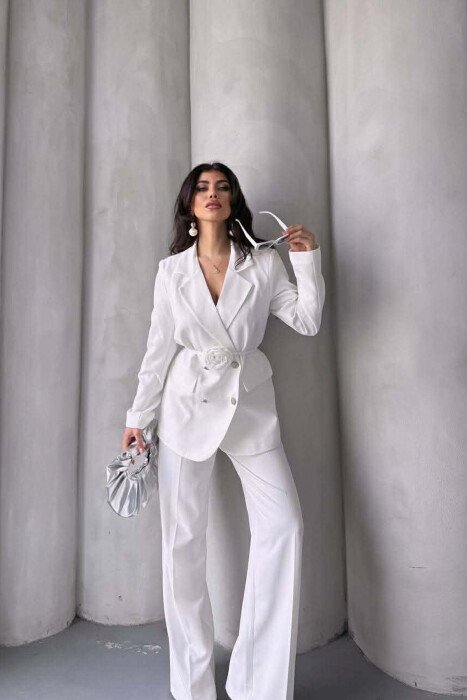 ROSE DETAIL CLASSIC JACKET + TROUSERS WOMAN SET WHITE-E BARDHE - 4