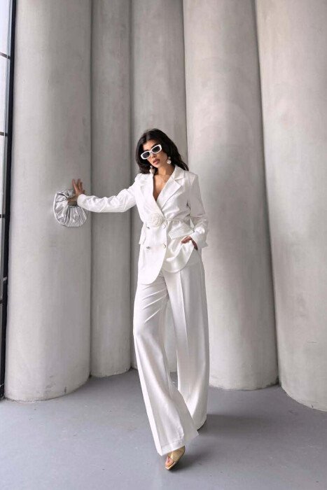 ROSE DETAIL CLASSIC JACKET + TROUSERS WOMAN SET WHITE-E BARDHE - 11