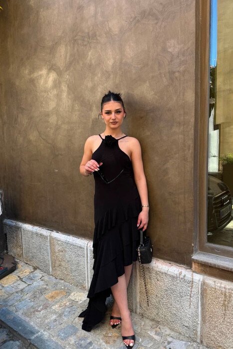 ROSE DETAIL THIN STRAPS WOMAN DRESS BLACK/ E ZEZE - KLAUDIO FASHION