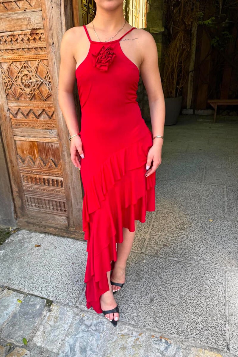 ROSE DETAIL THIN STRAPS WOMAN DRESS RED/E KUQE - 5