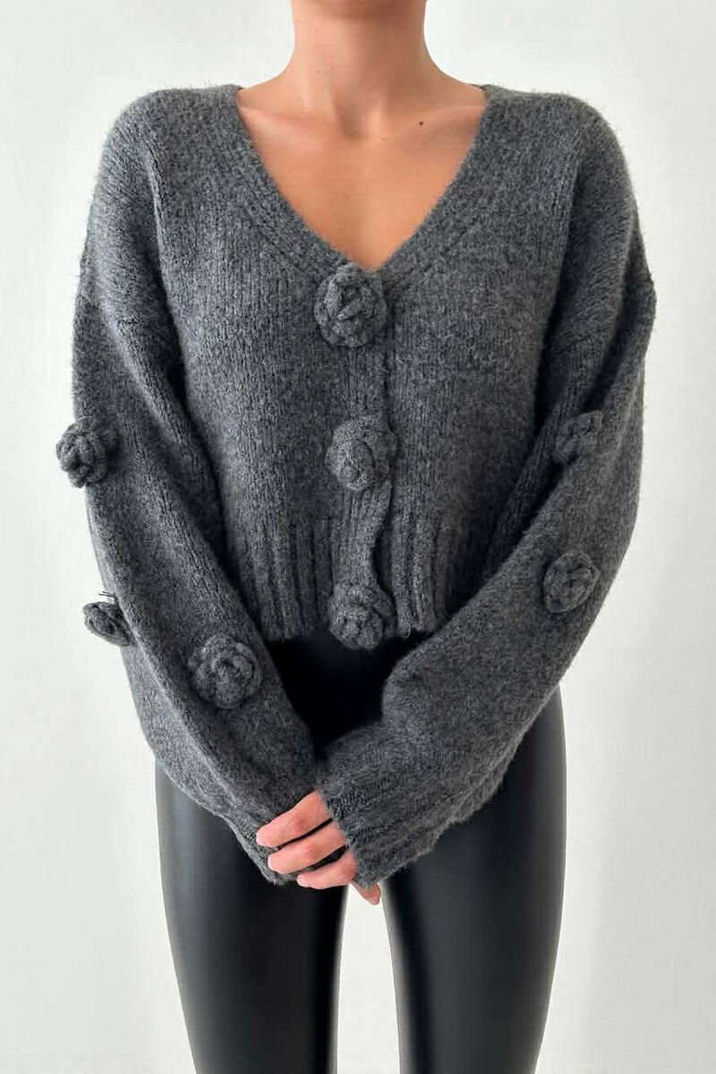 ROSE DETAILS ONE COLOR WOMEN CARDIGAN DARK GREY/GEE - 1