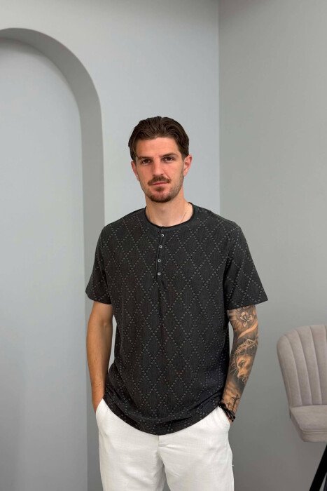 ROUND BUTTONED NECK ONE COLOR MEN T-SHIRT DARK GREY/GEE - 1