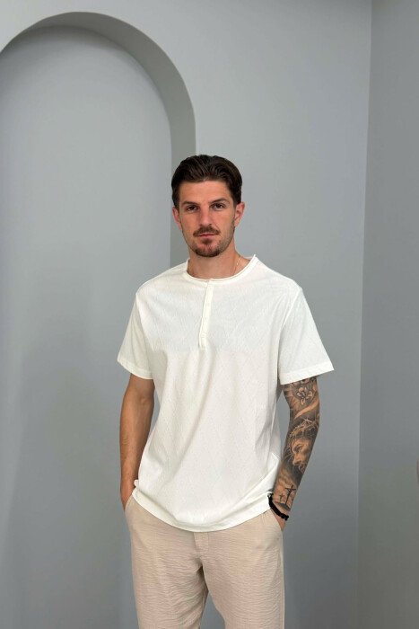 ROUND BUTTONED NECK ONE COLOR MEN T-SHIRT WHITE-E BARDHE - KLAUDIO FASHION