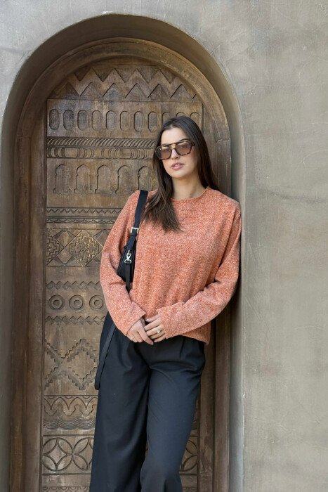 ROUND NECK BUTTONED NECK ONE COLOR WOMEN SWEATER ORANGE/PORTOKALLI - 3