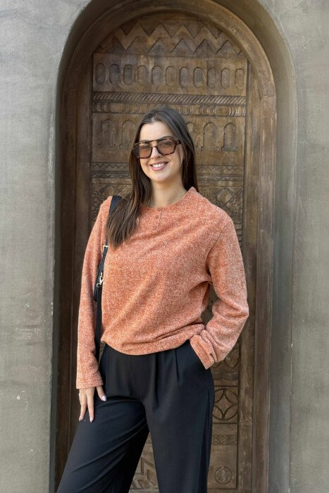 ROUND NECK BUTTONED NECK ONE COLOR WOMEN SWEATER ORANGE/PORTOKALLI - 2