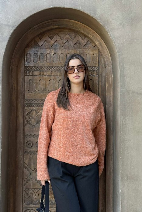 ROUND NECK BUTTONED NECK ONE COLOR WOMEN SWEATER ORANGE/PORTOKALLI - 1