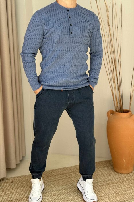 ROUND NECK BUTTONED SIMPLE MEN SWEATER LIGHTBLUE/BZ - KLAUDIO FASHION