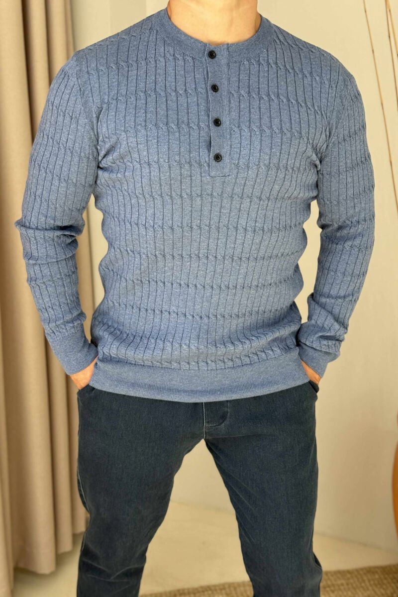 ROUND NECK BUTTONED SIMPLE MEN SWEATER LIGHTBLUE/BZ - 3