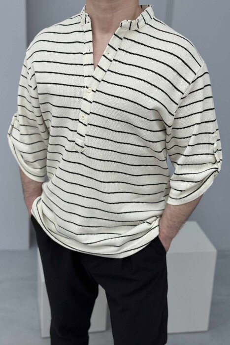 ROUND NECK BUTTONS STRIPED MEN T-SHIRT BLACK-CREAM/ZEKR - KLAUDIO FASHION