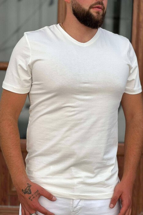 ROUND NECK COTTON MEN T-SHIRT WHITE-E BARDHE - KLAUDIO FASHION