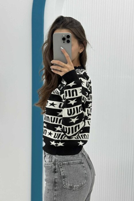 ROUND NECK DIFFERENT DESIGN WOMEN SWEATER BLACK/ E ZEZE - 5