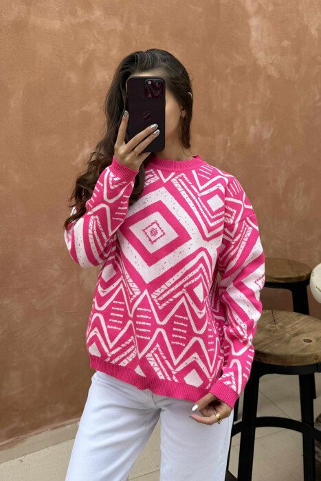 ROUND NECK DIFFERENT DESIGN WOMEN SWEATER FUCHSIA/CIKLAMI - 2