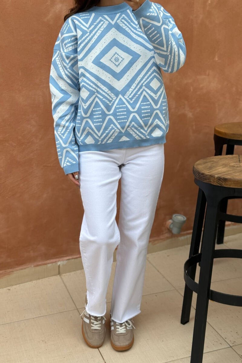 ROUND NECK DIFFERENT DESIGN WOMEN SWEATER LIGHTBLUE/BZ - 5