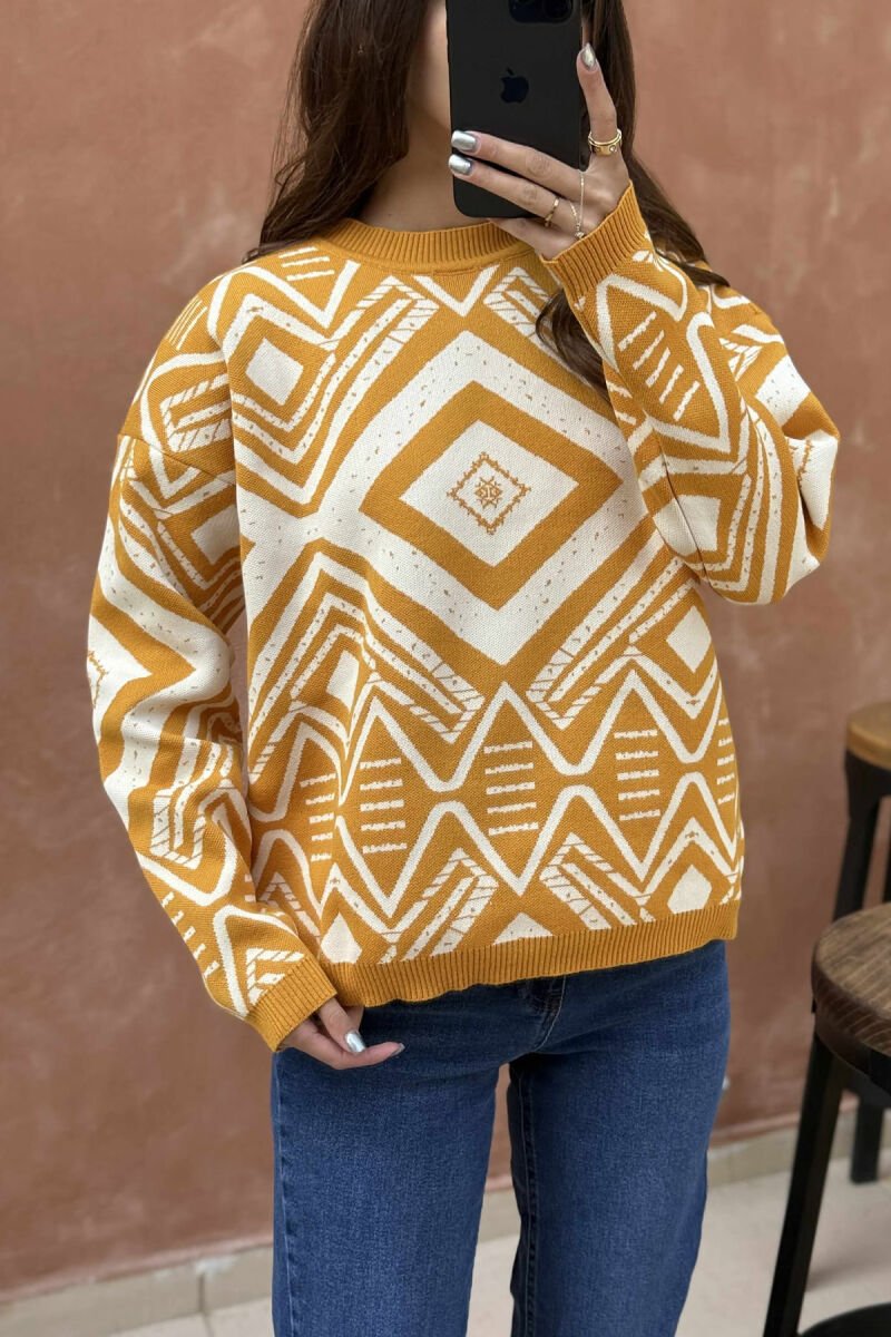 ROUND NECK DIFFERENT DESIGN WOMEN SWEATER MUSTARD/MUSTARDE - 5