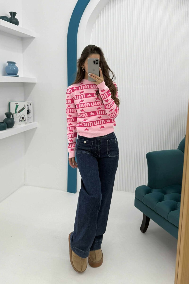 ROUND NECK DIFFERENT DESIGN WOMEN SWEATER PINK/ROZE - 1