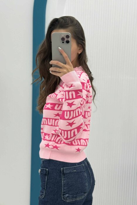 ROUND NECK DIFFERENT DESIGN WOMEN SWEATER PINK/ROZE - 4