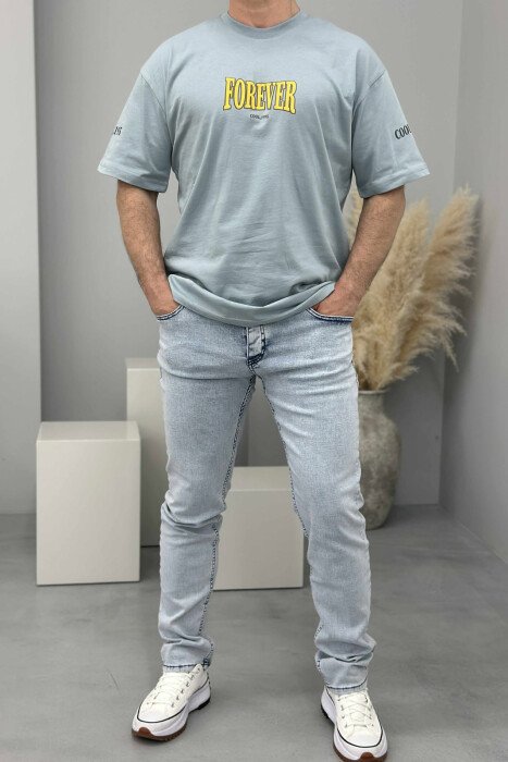 ROUND NECK FRONT & BACK WRITTINGS MEN T-SHIRT LIGHTBLUE/BZ - 2