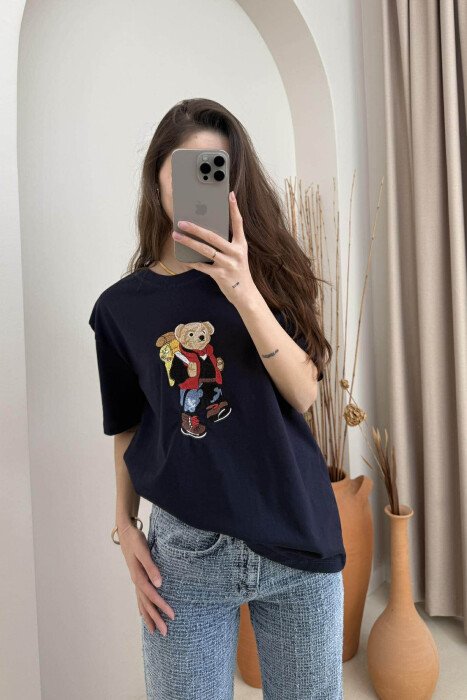 ROUND NECK FRONT BEAR IMAGE WOMEN T-SHIRT BLUE/BLU - 2