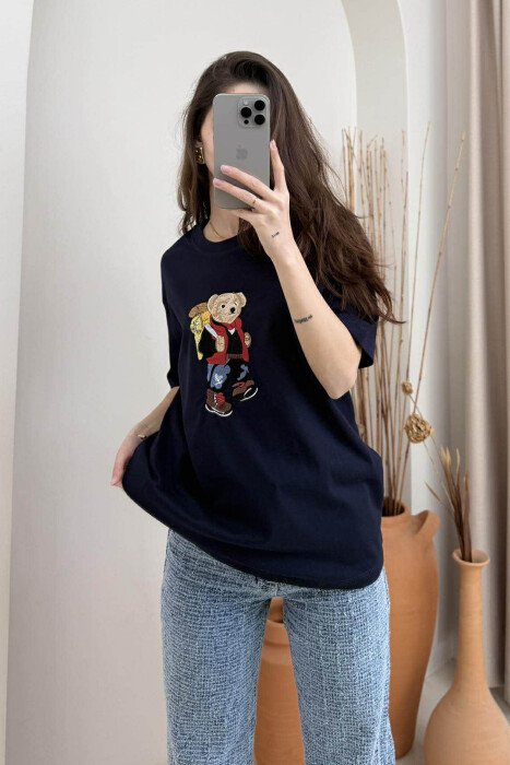 ROUND NECK FRONT BEAR IMAGE WOMEN T-SHIRT BLUE/BLU - 4