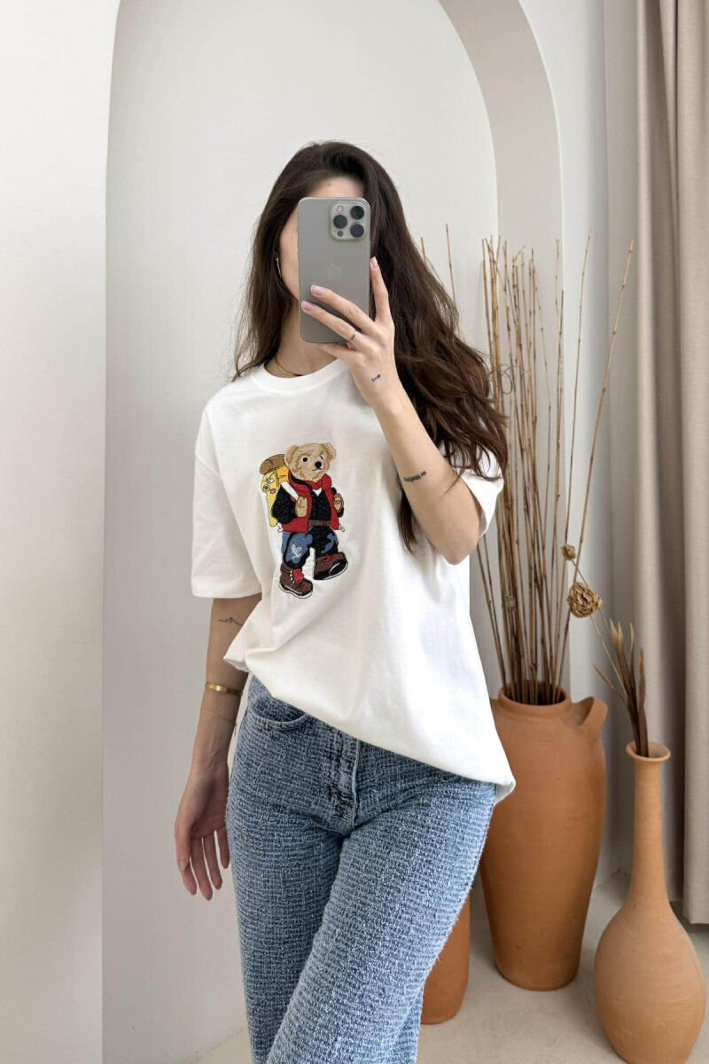 ROUND NECK FRONT BEAR IMAGE WOMEN T-SHIRT WHITE-E BARDHE - 1