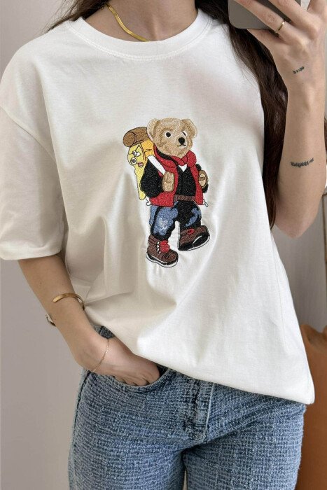 ROUND NECK FRONT BEAR IMAGE WOMEN T-SHIRT WHITE-E BARDHE - 2