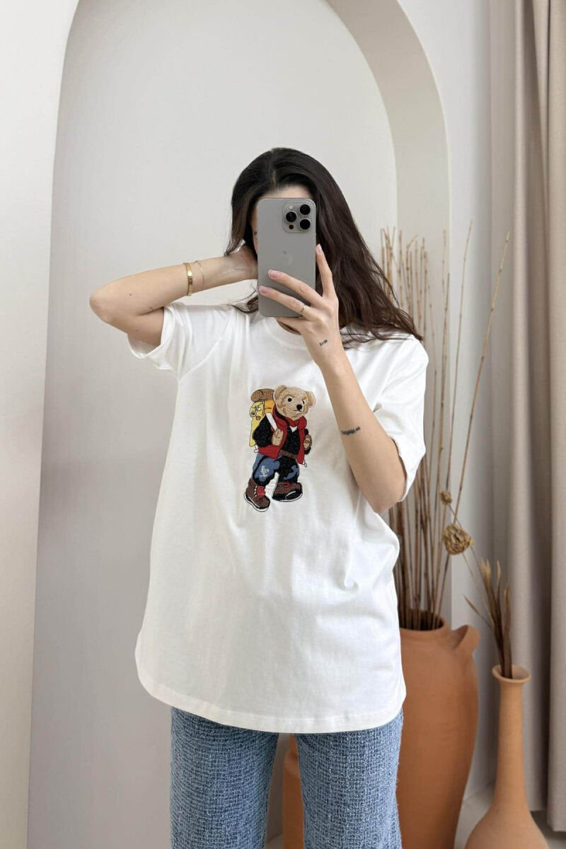 ROUND NECK FRONT BEAR IMAGE WOMEN T-SHIRT WHITE-E BARDHE - 4