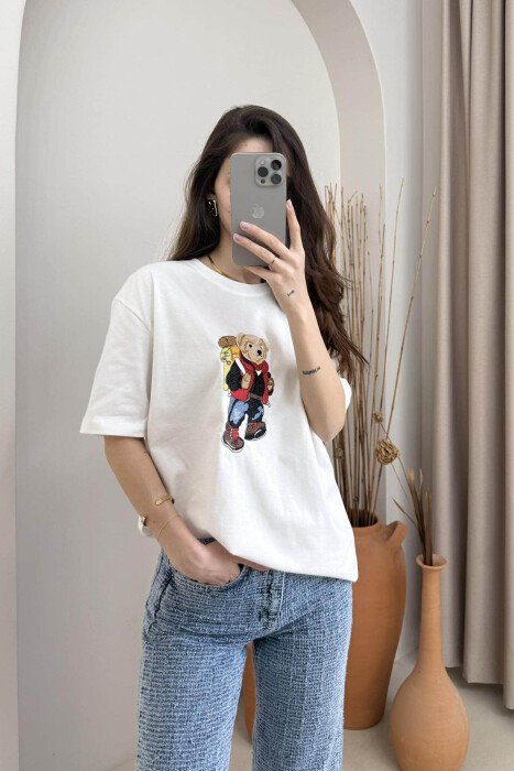 ROUND NECK FRONT BEAR IMAGE WOMEN T-SHIRT WHITE-E BARDHE - 5