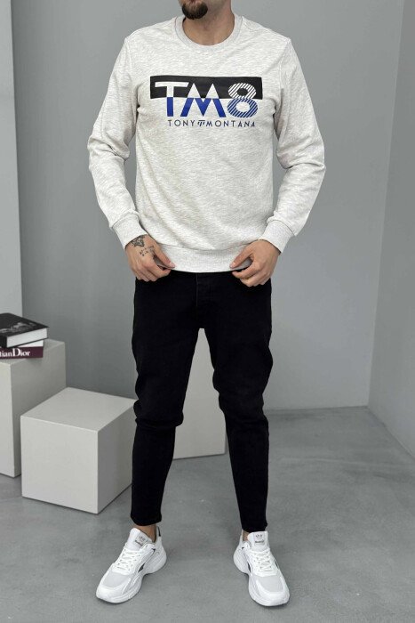 ROUND NECK FRONT DESIGN MEN SWEATSHIRT CREAM/KREM - KLAUDIO FASHION