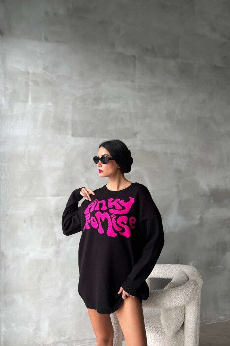 ROUND NECK FRONT WRITTING WOMEN SWEATER BLACK/ E ZEZE - 4